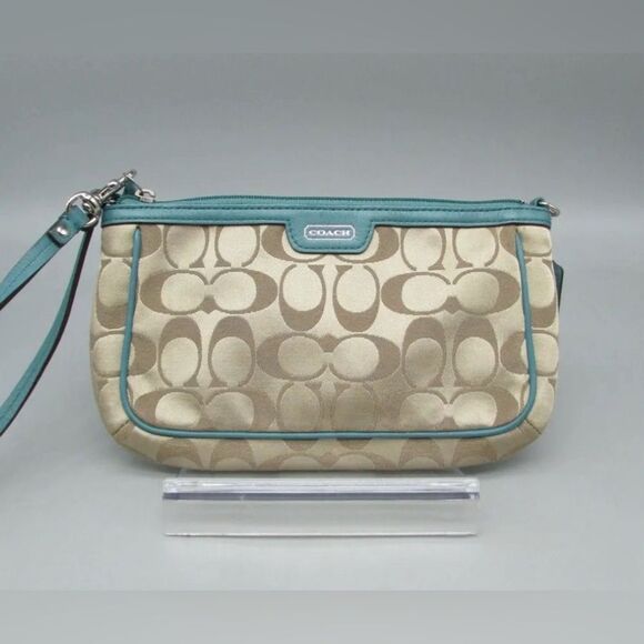 Coach Khaki Signature Sateen Canvas w/ Teal Leather Trim Wristlet Handbag Purse - Picture 1 of 6